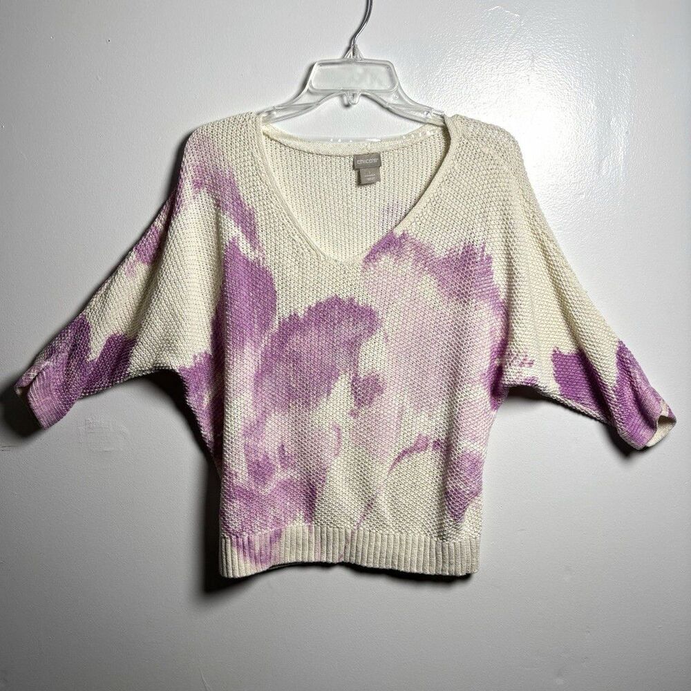 Chico's Women’s Size M Ivory Purple Tie-Dye Open-Knit V-Neck Pullover Sweater